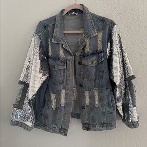 MACARON Silver-Sequin Sleeve Distressed Blue Denim Jacket